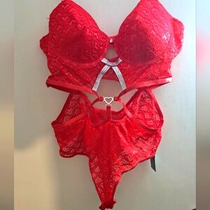 Red Lace Heart Pattern Lingerie Set